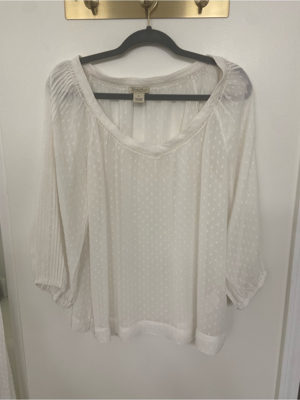 Lucky Brand Ivory Swiss Dot V-Neck Peasant Blouse